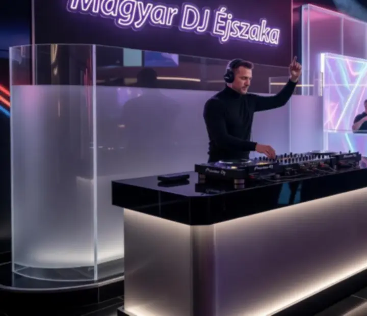 DJ pult és táncoló közönség fényekkel