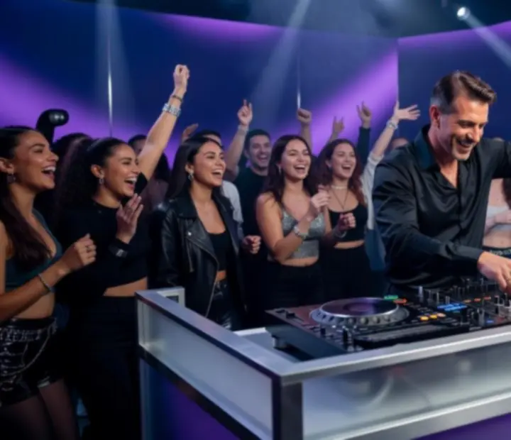 DJ pult fényjátékkal és táncoló közönséggel