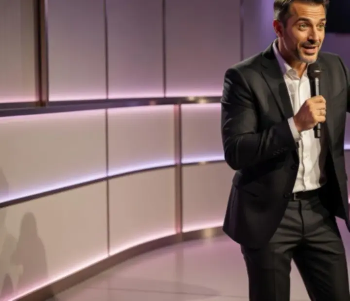 Magyar stand-up humorista a színpadon reflektorfényben