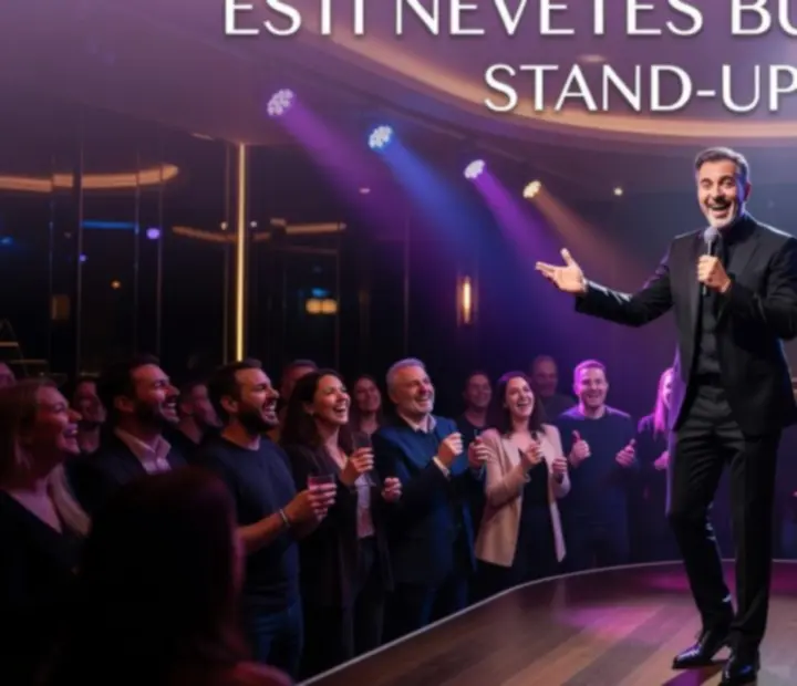 Stand-up előadás színes fényekkel és nevető közönséggel